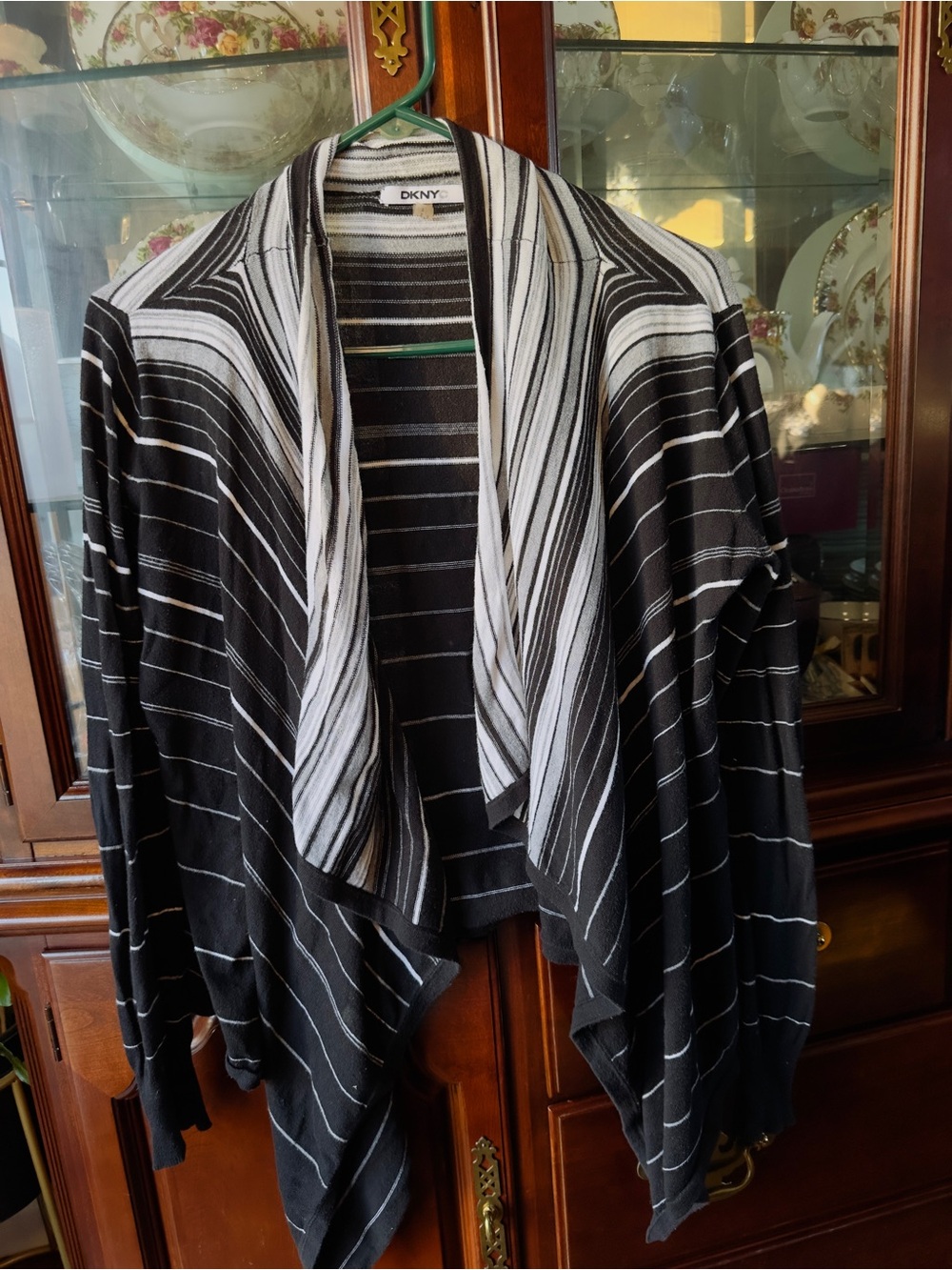DKNYC Black and White Striped Open-Front Draped Cardigan